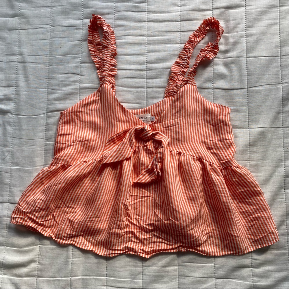 Peach-Striped Tie-Front Ruffle Strap Women's Top